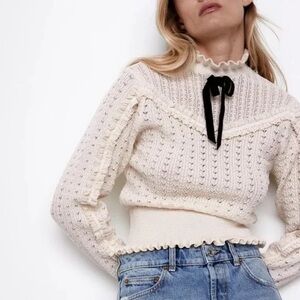 Zara Cream Turtleneck Sweater with Black Accent